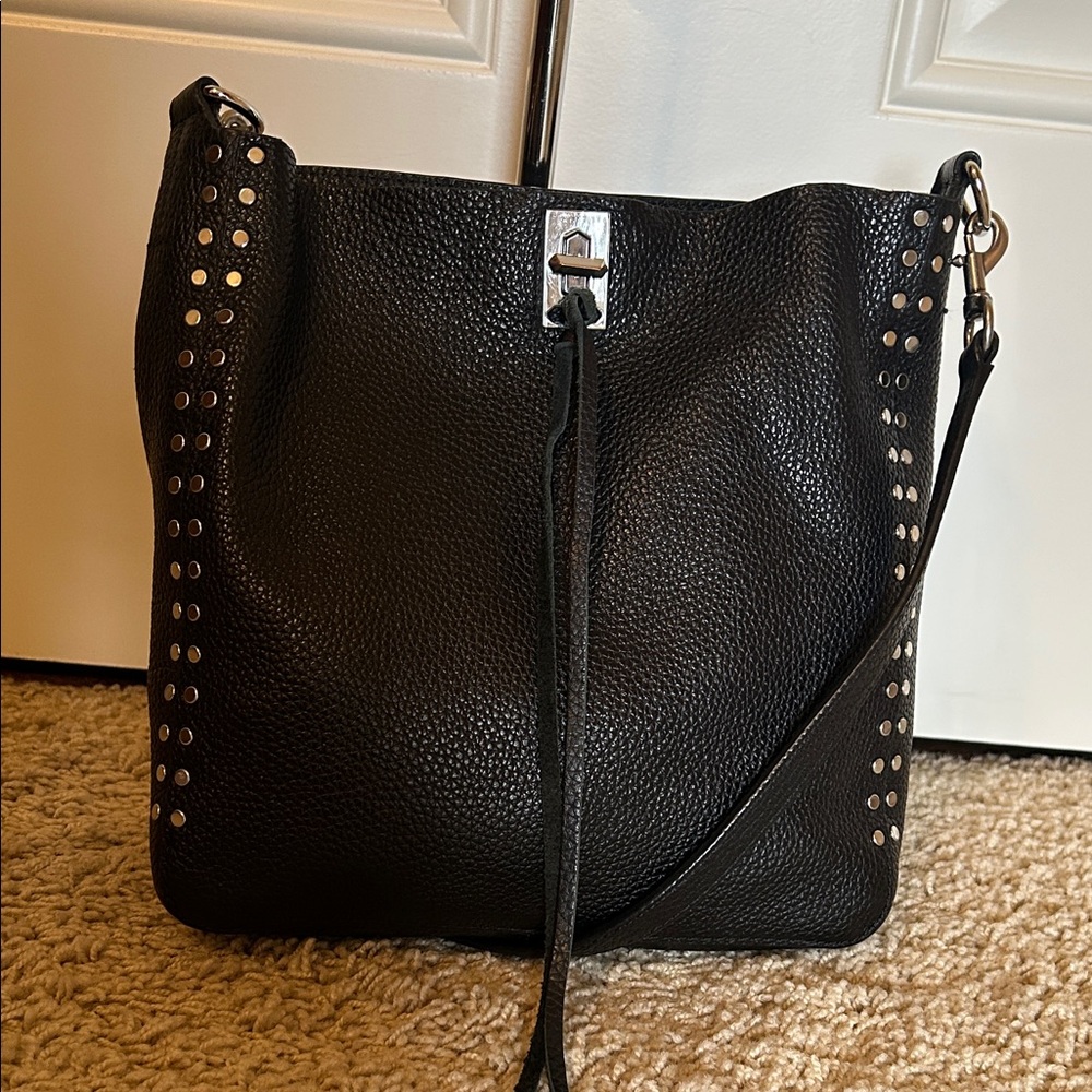 Rebecca Minkoff Darren Stud Black Pebbled Leather Crossbody Shoulder Bag NWOT - Picture 2 of 10